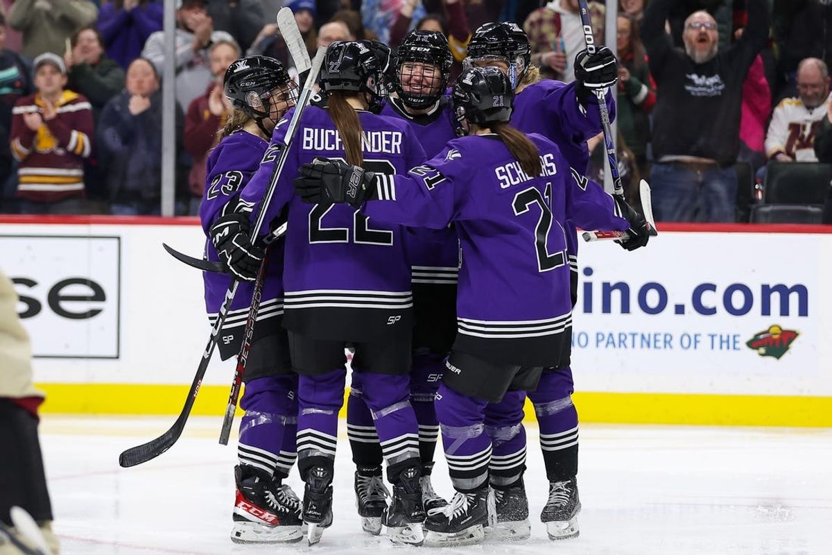 Jan 6, 2024; St. Paul, Minnesota, USA; Minnesota forward Grace Zumwinkle (13) celebrates her goal against Montreal during the third period in a PWHL ice hockey game at XCel Energy Center. Mandatory Credit: Matt Krohn-USA TODAY Sports