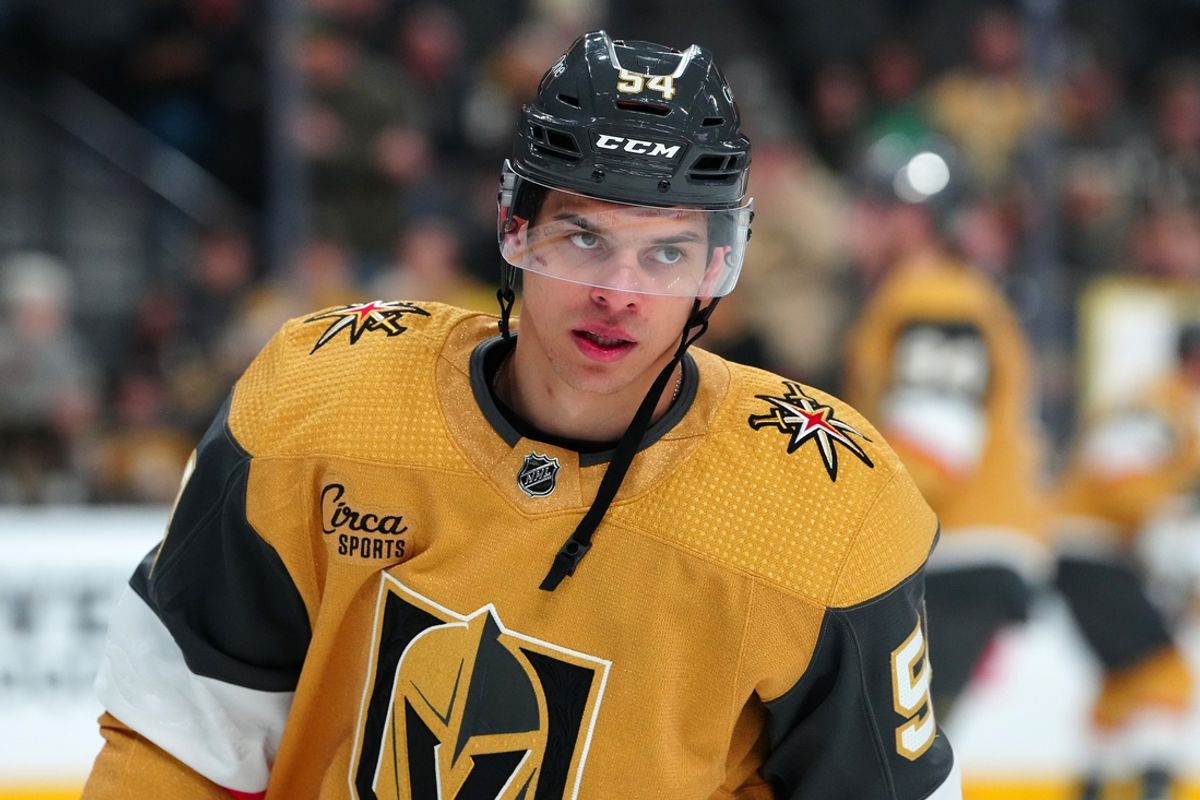 Jan 6, 2024; Las Vegas, Nevada, USA; Vegas Golden Knights left wing Grigori Denisenko (54) warms up before the start of a game against the New York Islanders at T-Mobile Arena. Mandatory Credit: Stephen R. Sylvanie-Imagn Images