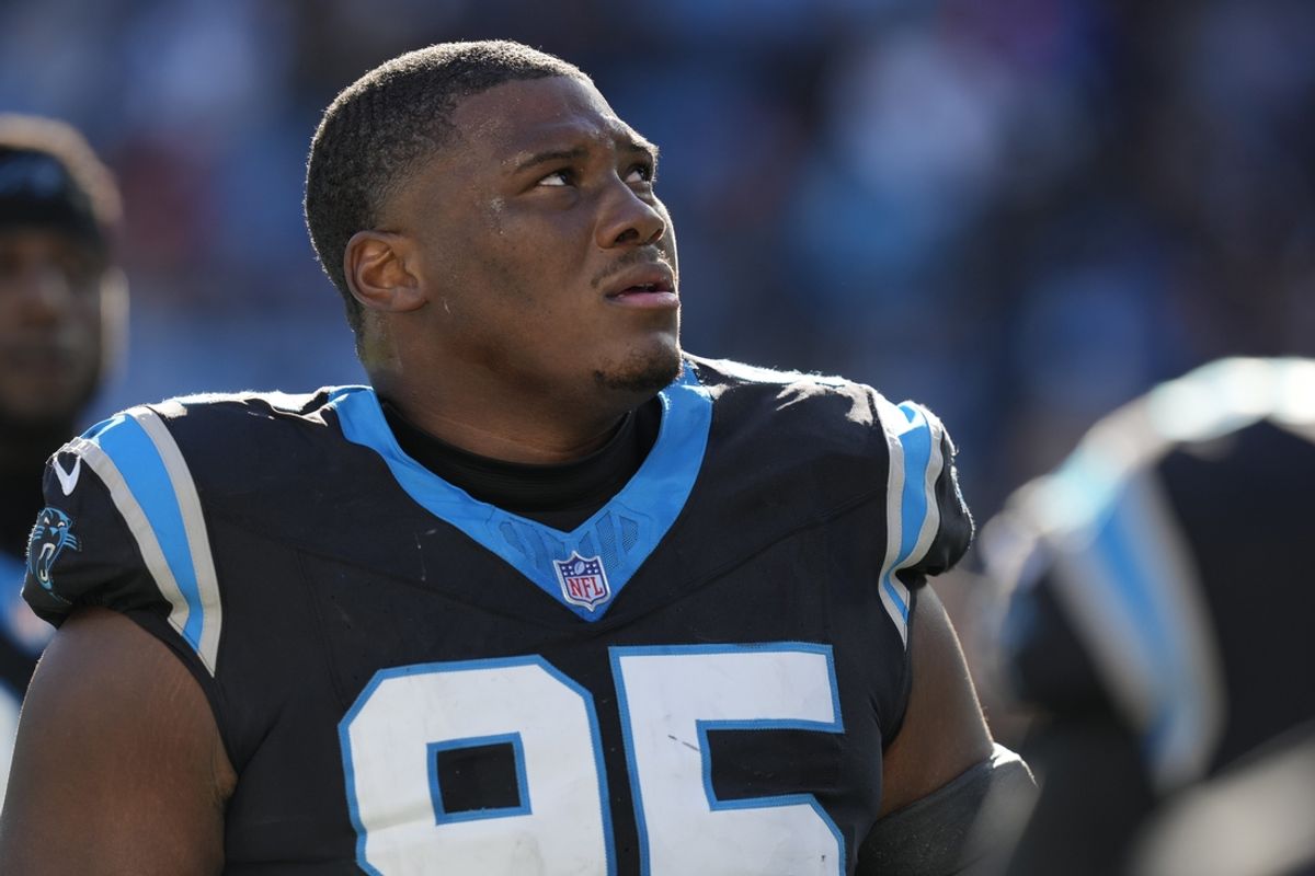 Jan 7, 2024; Charlotte, North Carolina, USA; Carolina Panthers defensive tackle Derrick Brown (95) during the second quarter against the Tampa Bay Buccaneers at Bank of America Stadium. Mandatory Credit: Jim Dedmon-Imagn Images