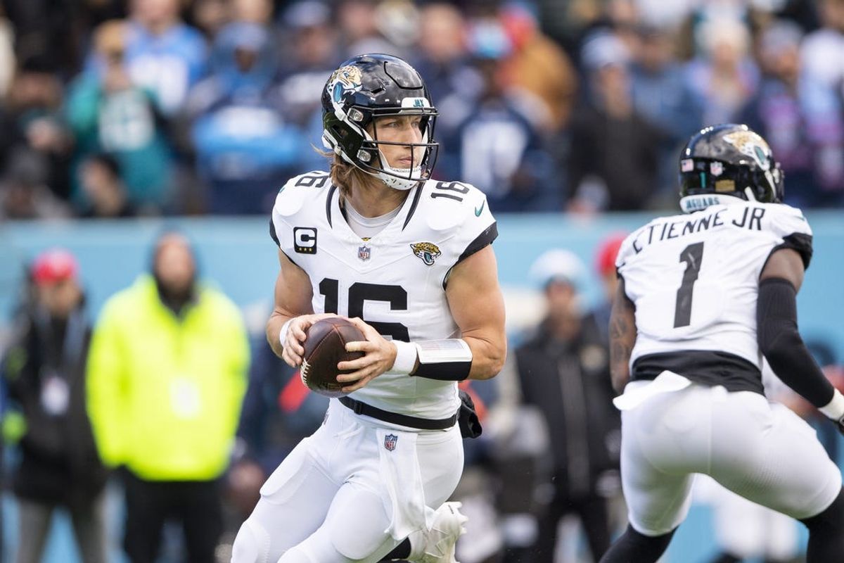 Jan 7, 2024; Nashville, Tennessee, USA;  Jacksonville Jaguars quarterback Trevor Lawrence (16) stands in the pocket against the Tennessee Titans during the first half at Nissan Stadium. Mandatory Credit: Steve Roberts-USA TODAY Sports
