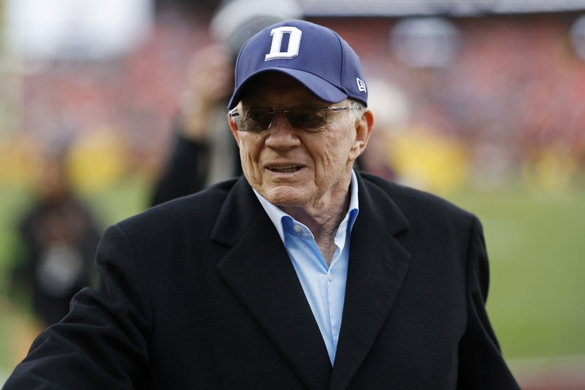 Dallas Cowboys owner Jerry Jones walks off the field after warmups prior to the game against the Washington Commanders at FedExField. Mandatory Credit: Geoff Burke-USA TODAY Sports