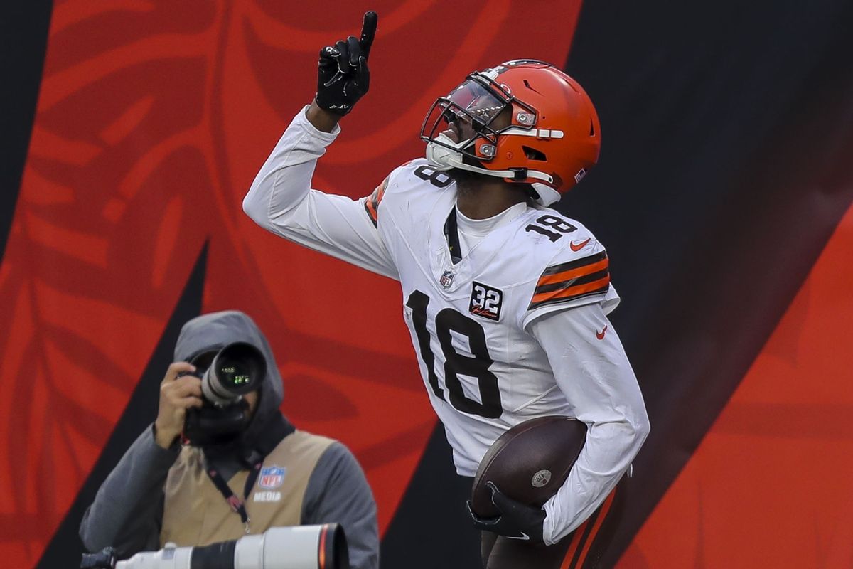 Jan 7, 2024; Cincinnati, Ohio, USA; Cleveland Browns wide receiver David Bell (18) reacts after scoring a touchdown against the Cincinnati Bengals in the second half at Paycor Stadium. Mandatory Credit: Katie Stratman-Imagn Images