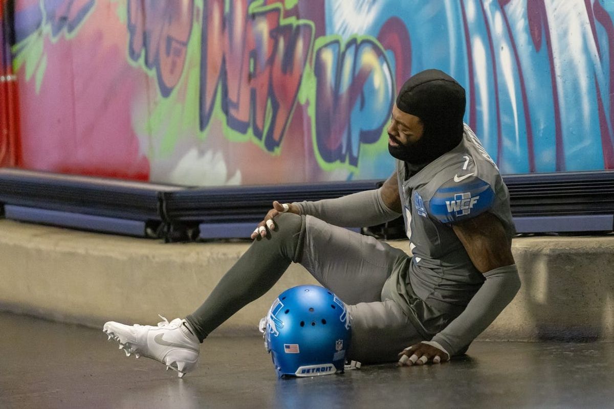 Jan 7, 2024; Detroit, Michigan, USA; Detroit Lions cornerback Cameron Sutton (1) reacts after an injury after the victory against the Minnesota Vikings at Ford Field. Mandatory Credit: David Reginek-USA TODAY Sports