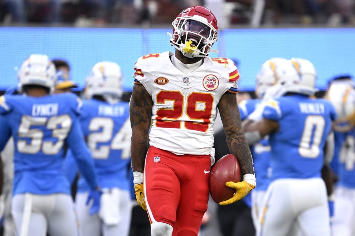 Jan 7, 2024; Inglewood, California, USA; Kansas City Chiefs running back La'Mical Perine (29) celebrates after a fake punt against the Los Angeles Chargers during the first half at SoFi Stadium. Mandatory Credit: Orlando Ramirez-USA TODAY Sports