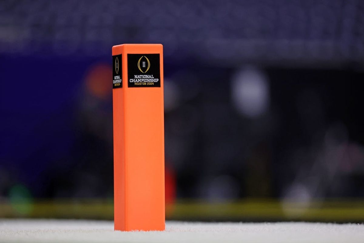 Jan 8, 2024; Houston, TX, USA; A detail view of a pylon before the 2024 College Football Playoff national championship game between the Michigan Wolverines and the Washington Huskies at NRG Stadium. Mandatory Credit: Troy Taormina-USA TODAY Sports