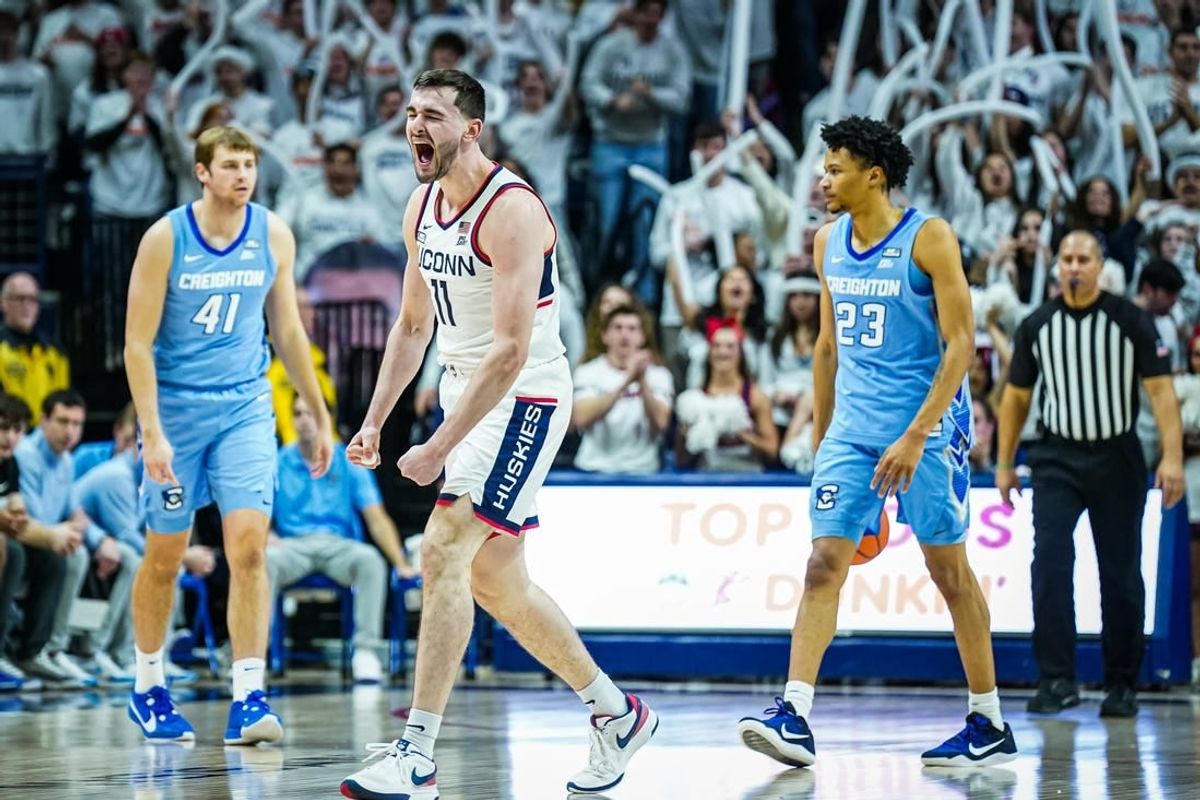 Jan 17, 2024; Storrs, Connecticut, USA; Connecticut Huskies forward Alex Karaban (11) reacts after a play against the Creighton Bluejays in the second half at Harry A. Gampel Pavilion.