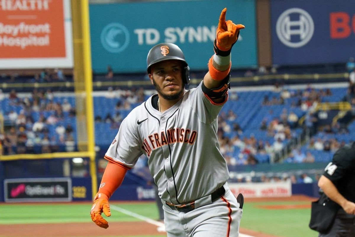 Apr 13, 2024; St. Petersburg, Florida, USA;  San Francisco Giants second baseman Thairo Estrada (39) celebrates after hitting a home run against the Tampa Bay Rays in the fourth inning at Tropicana Field.