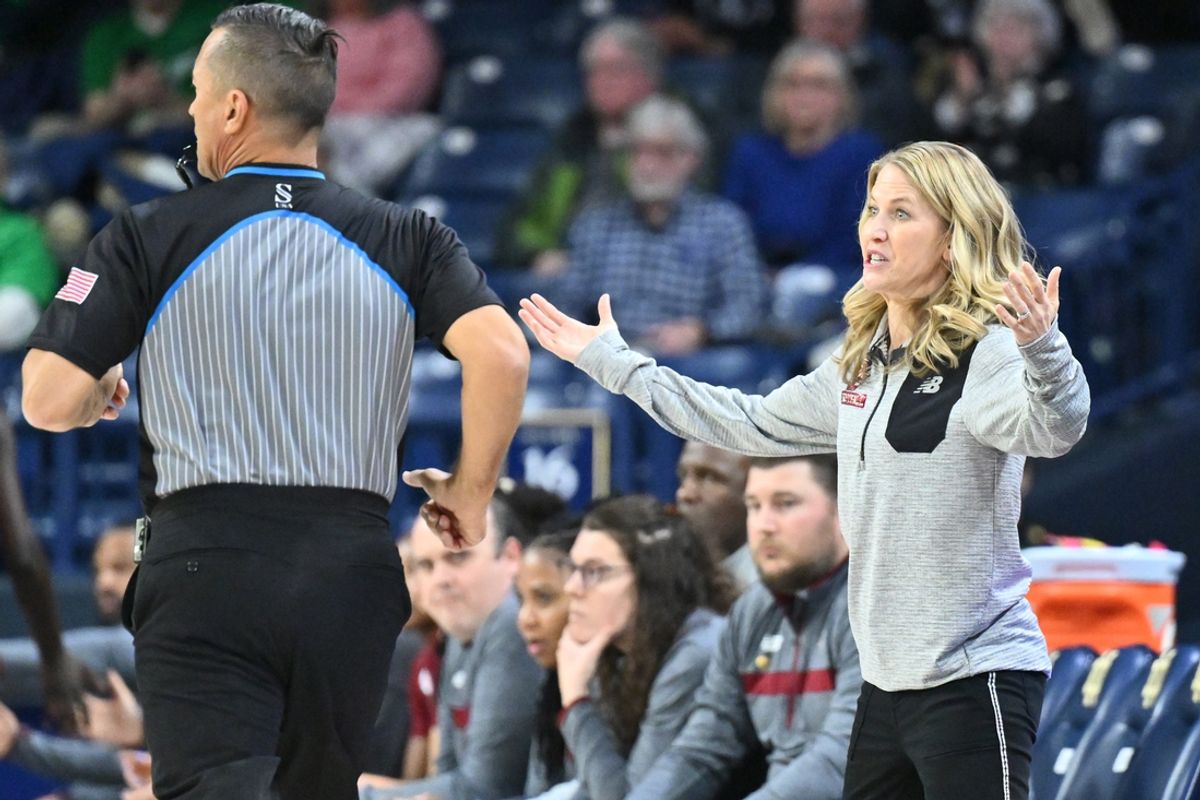 Jan 11, 2024; South Bend, Indiana, USA; Boston College Eagles head coach Joanna Bernabei-McNamee gestures to an official in the second half against the Notre Dame Fighting Irish at the Purcell Pavilion. Mandatory Credit: Matt Cashore-Imagn Images