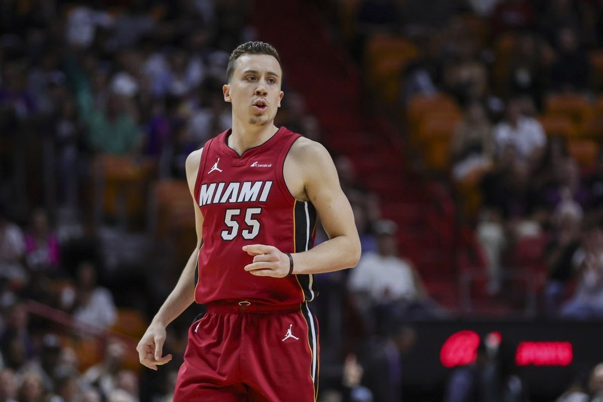 Jan 12, 2024; Miami, Florida, USA; Miami Heat forward Duncan Robinson (55) reacts after scoring against the Orlando Magic during the first quarter at Kaseya Center. Mandatory Credit: Sam Navarro-Imagn Images