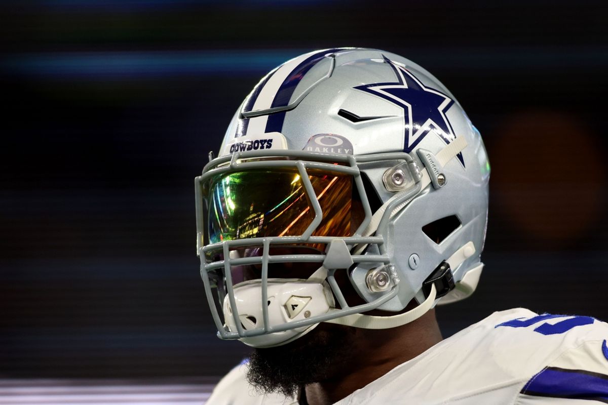 Jan 14, 2024; Arlington, Texas, USA; Dallas Cowboys defensive end DeMarcus Lawrence (90) practices before the 2024 NFC wild card game against the Green Bay Packers at AT&T Stadium. Mandatory Credit: Tim Heitman-Imagn Images