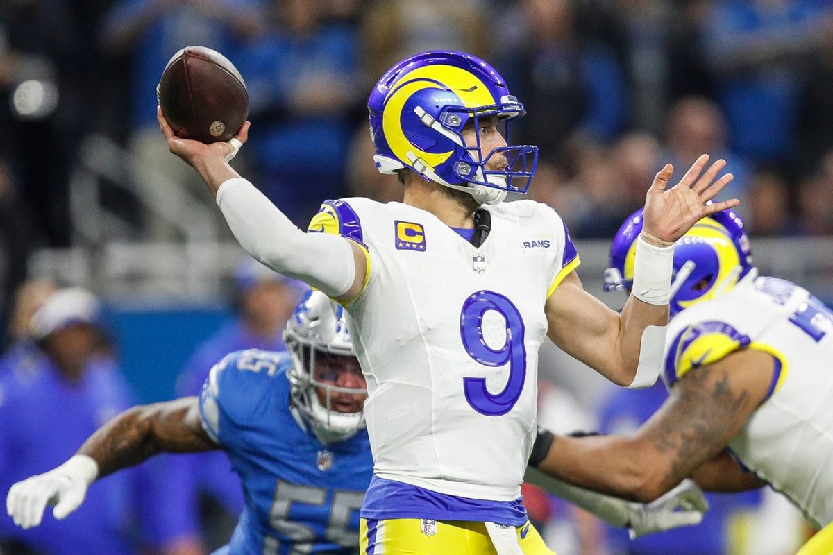 Rams quarterback Matthew Stafford makes a pass during the first half of the Lions' 24-23 win over the Rams in the playoffs at Ford Field on Sunday, Jan, 14, 2024.