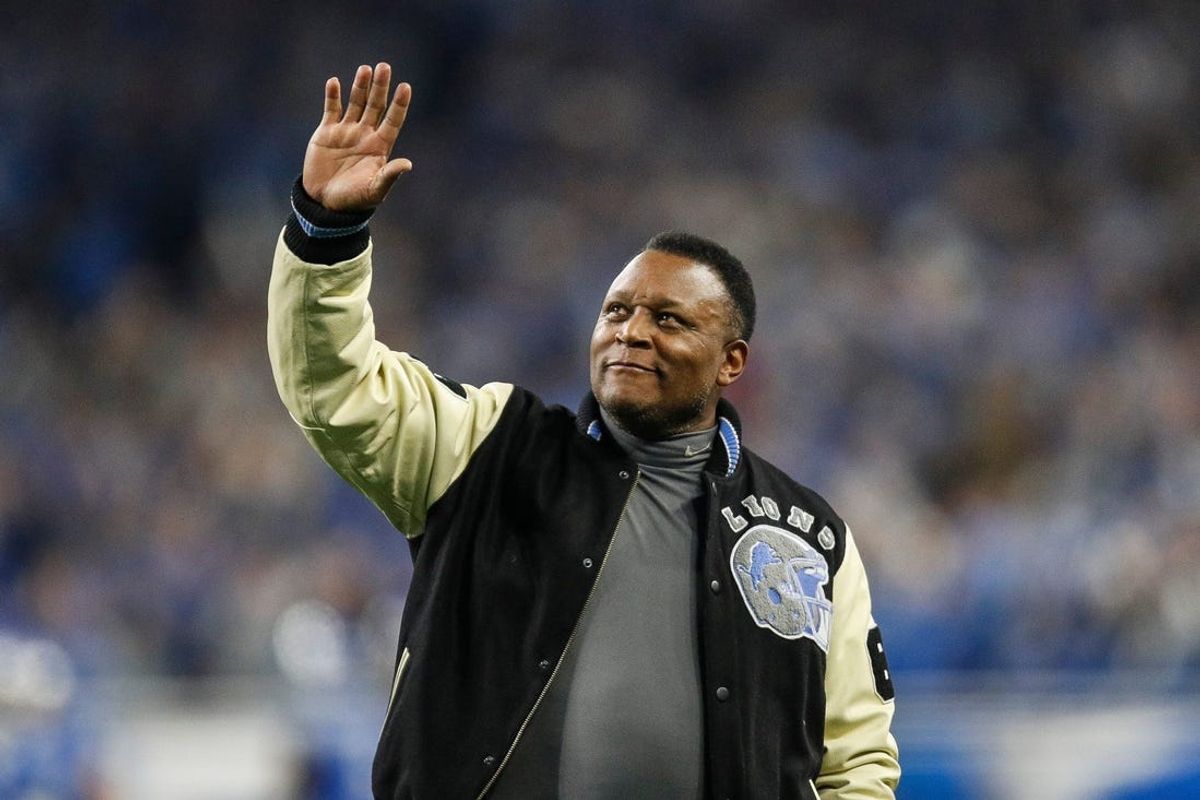 Detroit Lions legend Barry Sanders is honored on the field during the first half of the NFC wild-card game against the L.A. Rams at Ford Field in Detroit on Sunday, Jan, 14, 2024.