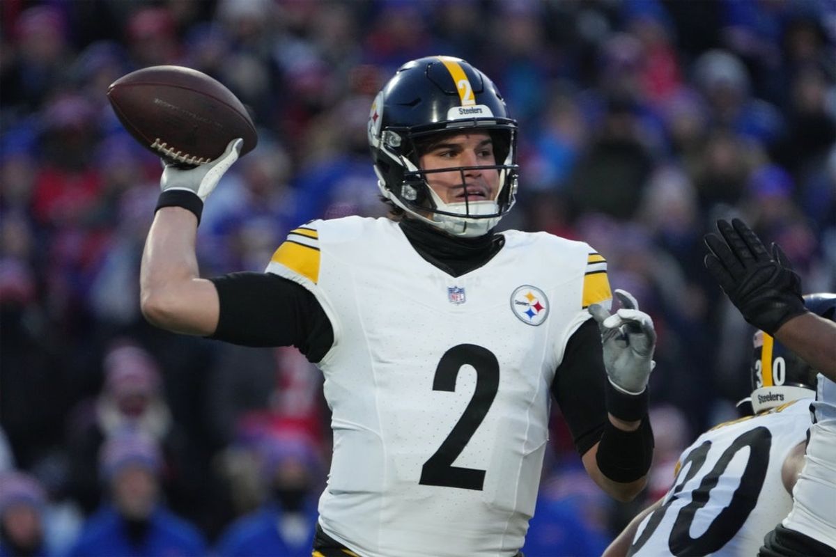 Jan 15, 2024; Orchard Park, New York, USA; Pittsburgh Steelers quarterback Mason Rudolph (2) throws the ball in the first half against the Buffalo Bills in a 2024 AFC wild card game at Highmark Stadium. Mandatory Credit: Kirby Lee-Imagn Images