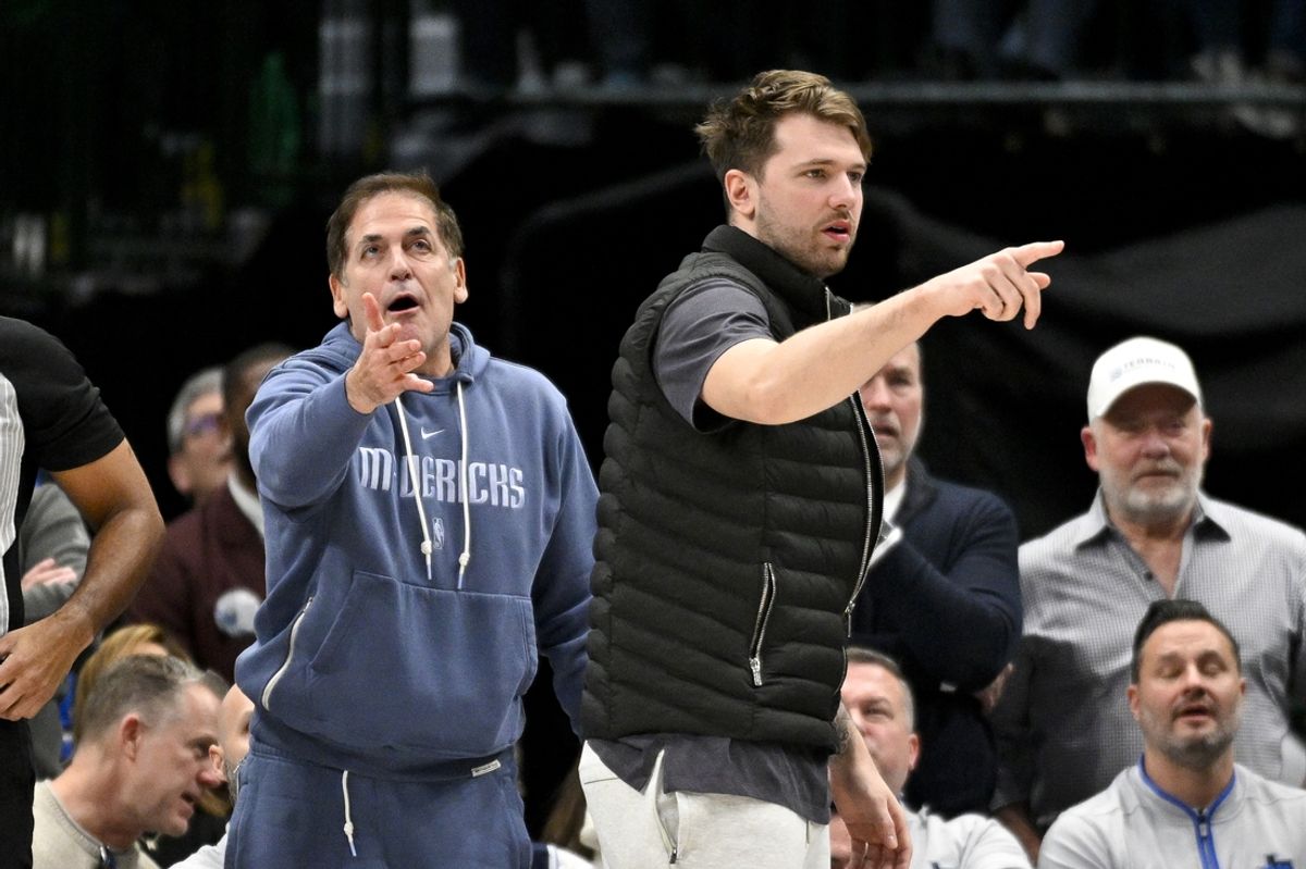 Jan 15, 2024; Dallas, Texas, USA; Dallas Mavericks guard Luka Doncic (right) and Mark Cuban (left) argue a call during the second half of the game against the New Orleans Pelicans at the American Airlines Center. Mandatory Credit: Jerome Miron-Imagn Images