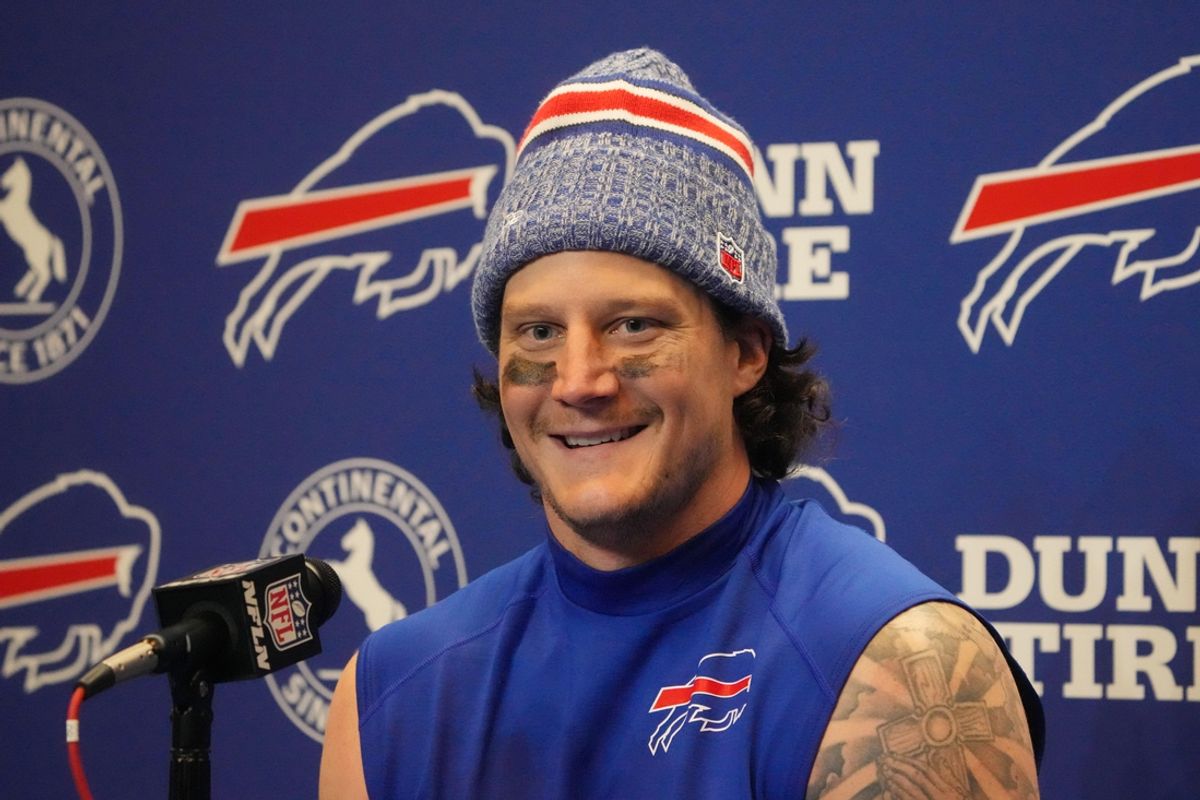 Jan 15, 2024; Orchard Park, New York, USA; Buffalo Bills linebacker A.J. Klein (52) talks to the media after the game against the Pittsburgh Steelers in a 2024 AFC wild card game at Highmark Stadium. Mandatory Credit: Kirby Lee-USA TODAY Sports