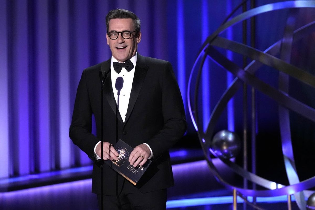 Jan 15, 2024; Los Angeles, CA, USA; Jon Hamm presents the award for outstanding writing for a drama series during the 75th Emmy Awards at the Peacock Theater in Los Angeles on Monday, Jan. 15, 2024. Mandatory Credit: Robert Hanashiro-USA TODAY