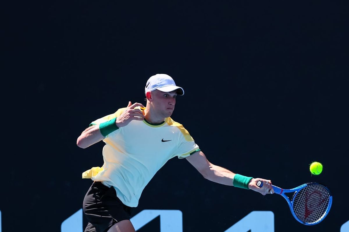 Jan 16, 2024; Melbourne, Victoria, Australia; Jack Draper of Great Britain plays a shot against Marcos Giron (not pictured) of the United States in Round 1 of the Men's Singles on Day 3 of the Australian Open tennis at Rod Laver Arena. Mandatory Credit: Mike Frey-USA TODAY Sports