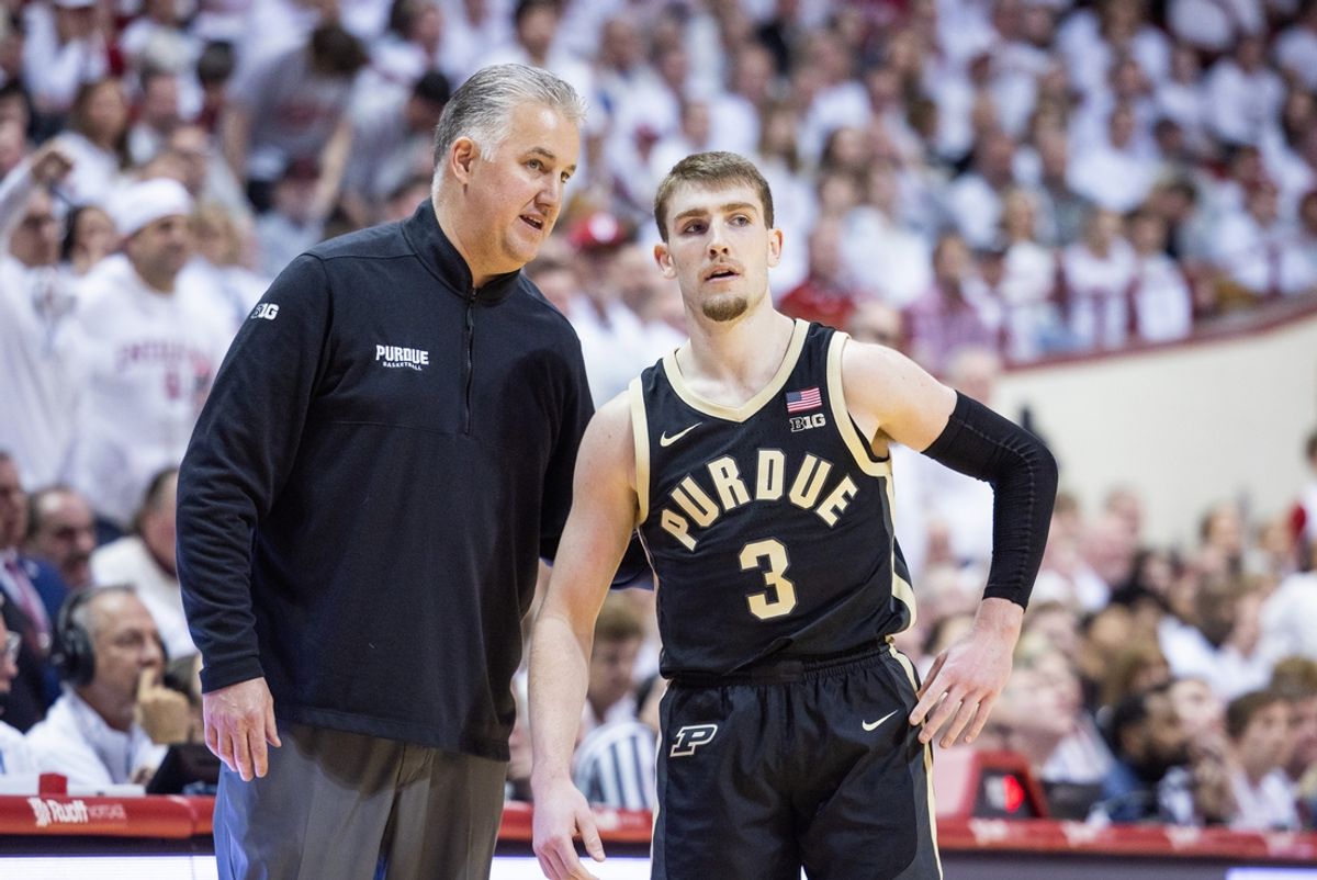 Jan 16, 2024; Bloomington, Indiana, USA; Purdue Boilermakers head coach Matt Painter and guard Braden Smith (3) in the second half against the Indiana Hoosiers at Simon Skjodt Assembly Hall. Mandatory Credit: Trevor Ruszkowski-Imagn Images