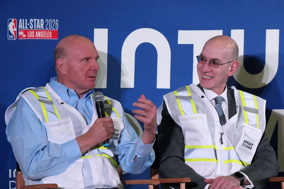 Jan 16, 2024; Inglewood, California, USA; LA Clippers owner Steve Ballmer (left) and NBA commissioner Adam Silver speak during a press conference to announce the Intuit Dome as the site of the 2026 NBA All-Star Game. Mandatory Credit: Kirby Lee-Imagn Images