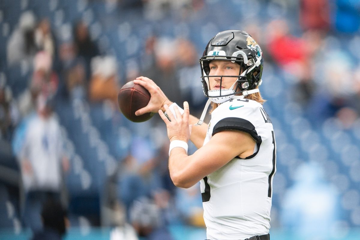 Jan 7, 2024; Nashville, Tennessee, USA;  Jacksonville Jaguars quarterback Trevor Lawrence (16) throws during pre-game warmups against the Tennessee Titans at Nissan Stadium. Mandatory Credit: Steve Roberts-Imagn Images