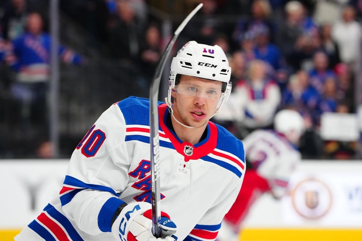 Jan 18, 2024; Las Vegas, Nevada, USA; New York Rangers left wing Artemi Panarin (10) warms up before a game against the Vegas Golden Knights at T-Mobile Arena. Mandatory Credit: Stephen R. Sylvanie-Imagn Images