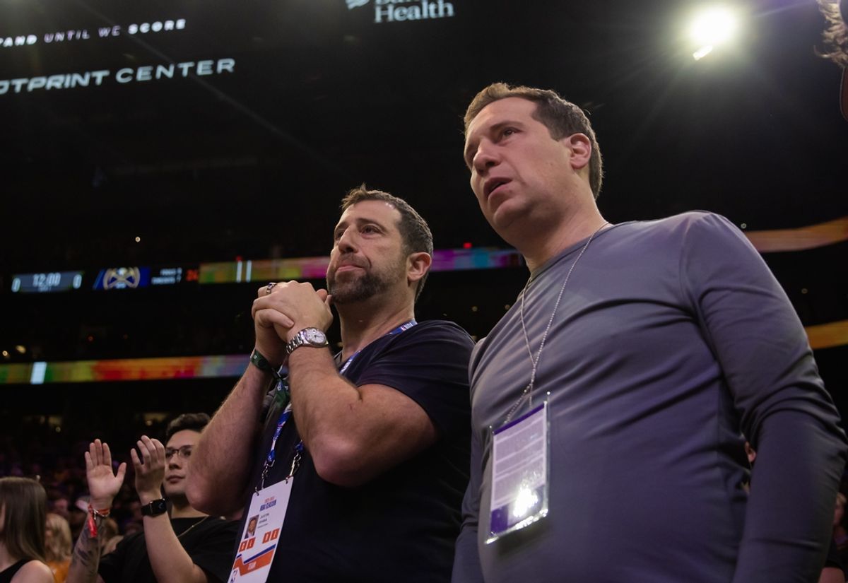 May 5, 2023; Phoenix, Arizona, USA; Phoenix Suns owner Mat Ishbia (right) and brother Justin Ishbia during the game against the Denver Nuggets in game three of the 2023 NBA playoffs at Footprint Center. Mandatory Credit: Mark J. Rebilas-Imagn Images