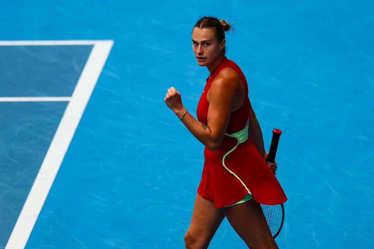 Jan 19, 2024; Melbourne, Victoria, Australia; Aryna Sabalenka of Belarus reacts after winning a point against Lesia Tsurenko (not pictured) of Ukraine in Round 3 of the Women's Singles on Day 6 of the Australian Open tennis at Rod Laver Arena. Mandatory Credit: Mike Frey-Imagn Images