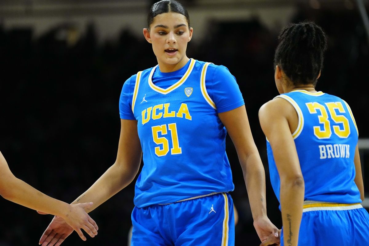 Jan 19, 2024; Boulder, Colorado, USA; UCLA Bruins center Lauren Betts (51) and guard Camryn Brown (35) react during the second half against the Colorado Buffaloes at the CU Events Center. Mandatory Credit: Ron Chenoy-Imagn Images\v11