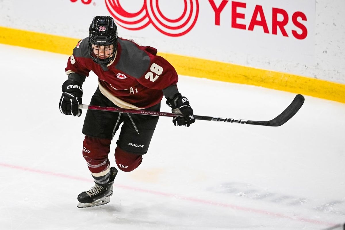 Jan 13, 2024; Montreal, Quebec, CANADA; Montreal forward Catherine Dubois (28) skates towards the play against Boston  during the third period in a PWHL ice hockey game at Verdun Auditorium. Mandatory Credit: David Kirouac-Imagn Images