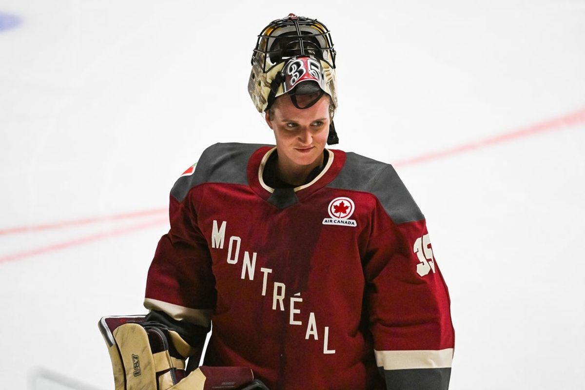 Jan 13, 2024; Montreal, Quebec, CANADA; Montreal goalie Ann-Renee Desbiens (35) looks on against Boston during the second period in a PWHL ice hockey game at Verdun Auditorium. Mandatory Credit: David Kirouac-Imagn Images