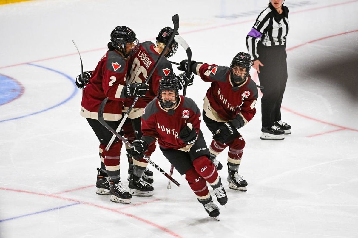 Jan 13, 2024; Montreal, Quebec, CANADA; Montreal players celebrate a goal against Boston at Verdun Auditorium. Mandatory Credit: David Kirouac-Imagn Images