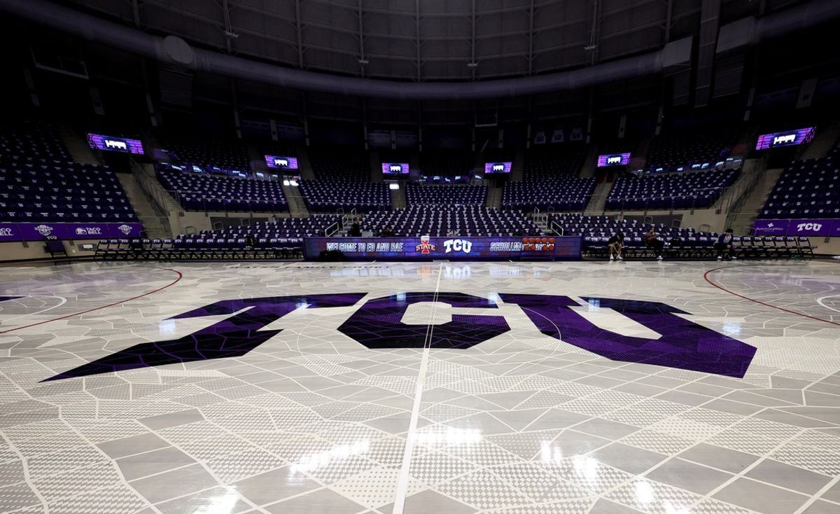 Jan 20, 2024; Fort Worth, Texas, USA;  TCU logo on the court before the game between the TCU Horned Frogs and Iowa State Cyclones at Ed and Rae Schollmaier Arena. Mandatory Credit: Kevin Jairaj-Imagn Images