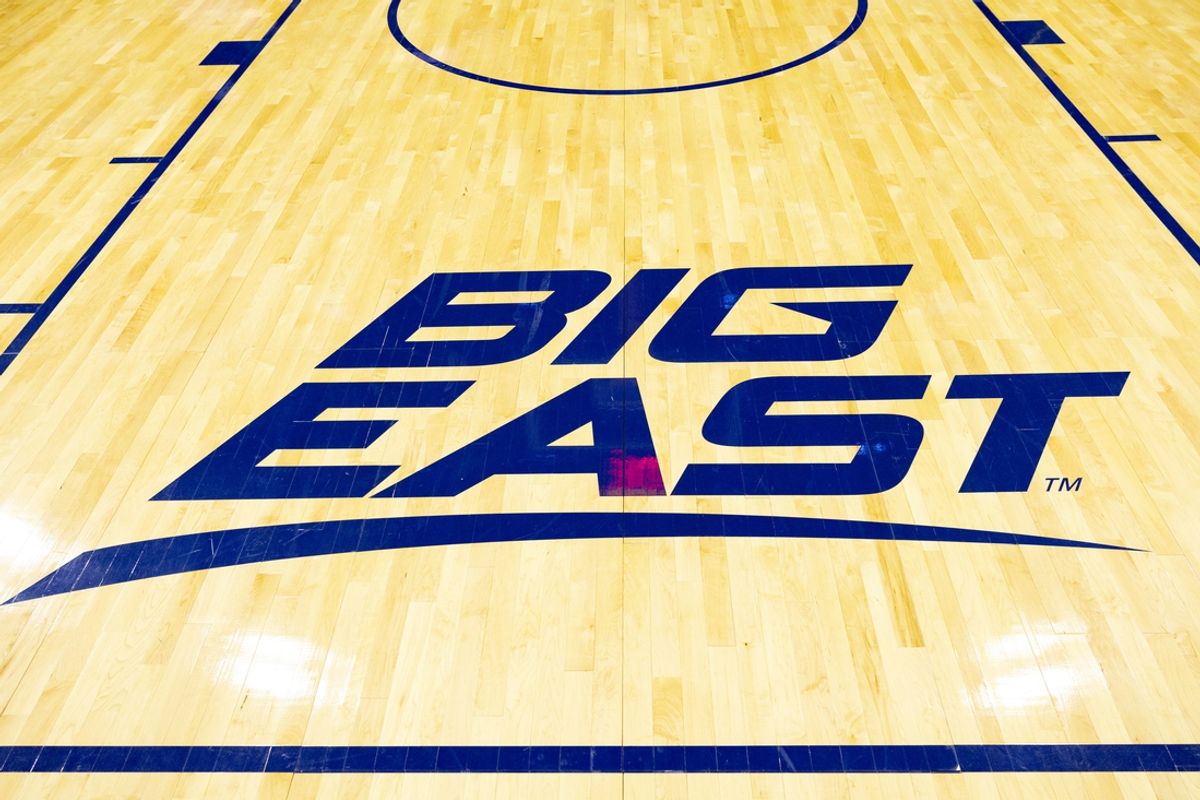 Jan 20, 2024; Philadelphia, Pennsylvania, USA; General view of the Big East logo on the court at Wells Fargo Center before a game between the Villanova Wildcats and the Connecticut Huskies. Mandatory Credit: Bill Streicher-Imagn Images