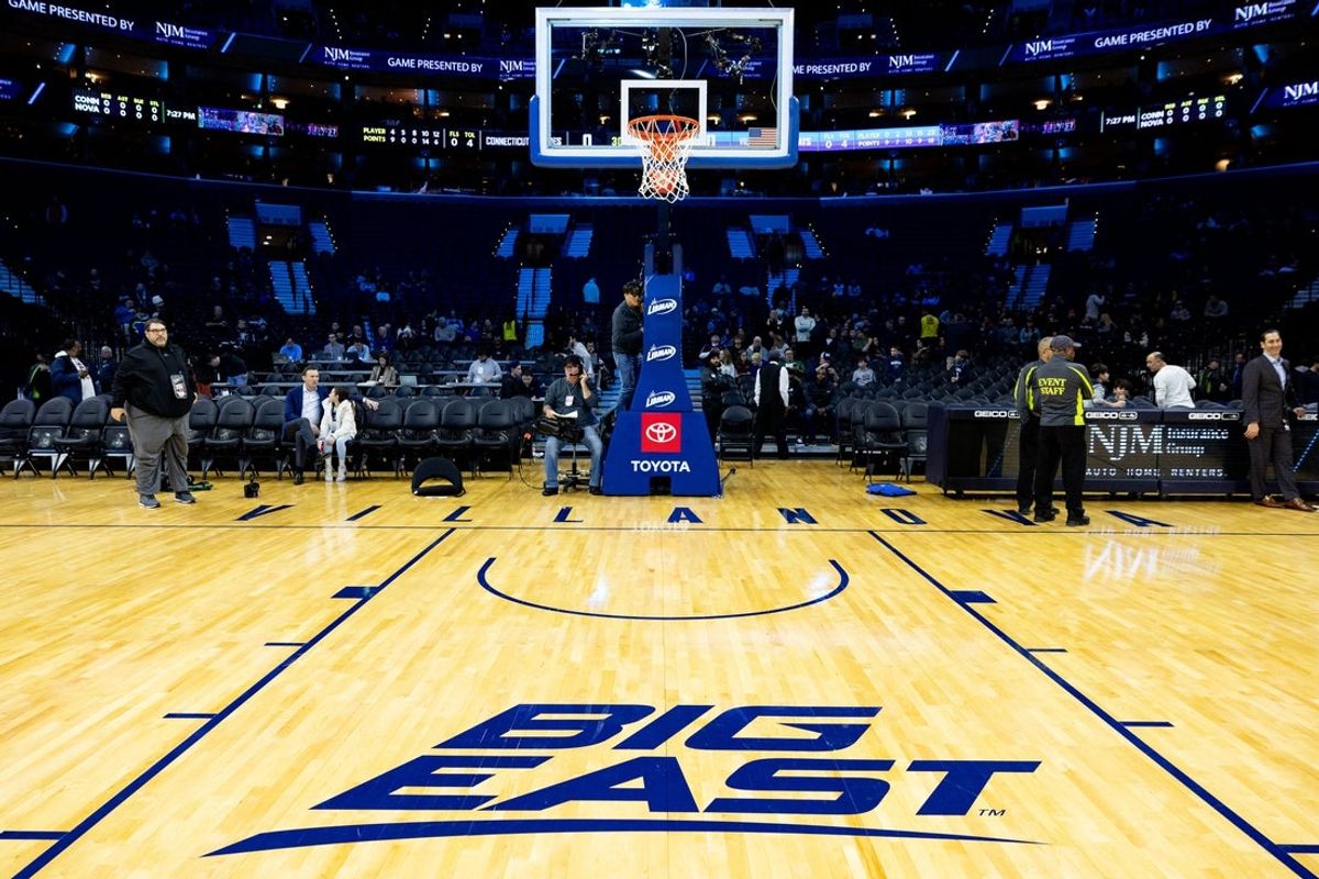 Jan 20, 2024; Philadelphia, Pennsylvania, USA; General view of the Big East logo on the court at Wells Fargo Center before a game between the Villanova Wildcats and the Connecticut Huskies. Mandatory Credit: Bill Streicher-Imagn Images