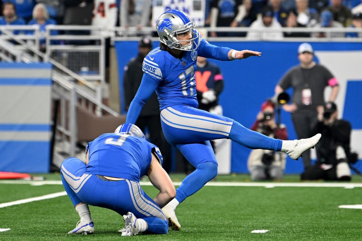 Jan 21, 2024; Detroit, Michigan, USA; Detroit Lions place kicker Michael Badgley (17) kicks a field goal against the Tampa Bay Buccaneers during the first quarter in a 2024 NFC divisional round game at Ford Field. Mandatory Credit: Lon Horwedel-USA TODAY Sports