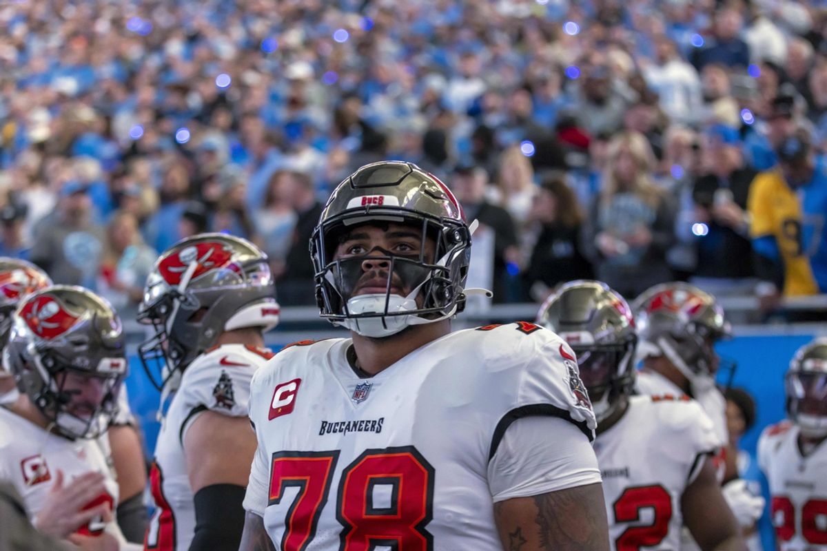 Jan 21, 2024; Detroit, Michigan, USA; Tampa Bay Buccaneers offensive tackle Tristan Wirfs (78) looks on before a 2024 NFC divisional round game against the Detroit Lions at Ford Field. Mandatory Credit: David Reginek-USA TODAY Sports