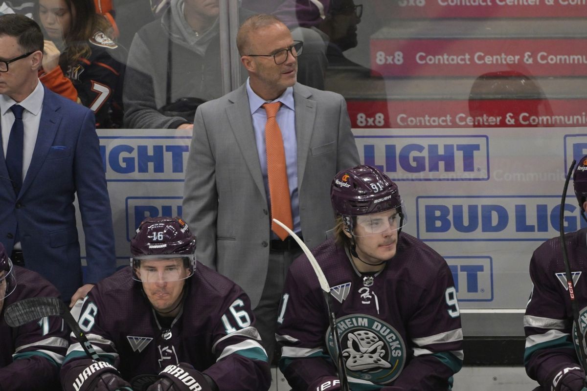 Jan 21, 2024; Anaheim, California, USA; Anaheim Ducks head coach Greg Cronin looks on from the bench in the second period against the New York Rangers at Honda Center. Mandatory Credit: Jayne Kamin-Oncea-Imagn Images