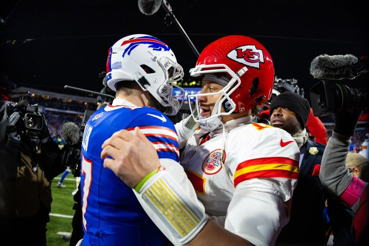 Jan 21, 2024; Orchard Park, New York, USA; Kansas City Chiefs quarterback Patrick Mahomes (15) greets Buffalo Bills quarterback Josh Allen (17) following the 2024 AFC divisional round game at Highmark Stadium. Mandatory Credit: Mark J. Rebilas-Imagn Images