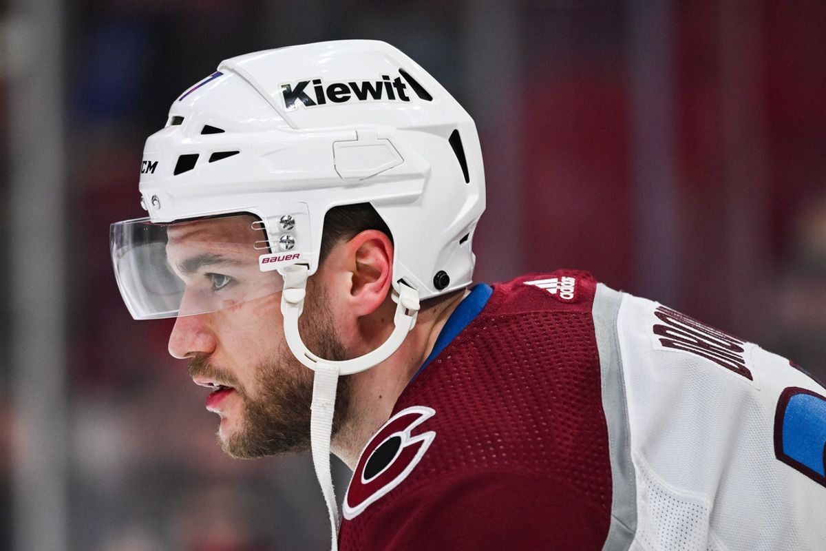 Jan 15, 2024; Montreal, Quebec, CAN; Colorado Avalanche left wing Jonathan Drouin (27) looks on during warm-up before the game against the Montreal Canadiens at Bell Centre. Mandatory Credit: David Kirouac-Imagn Images