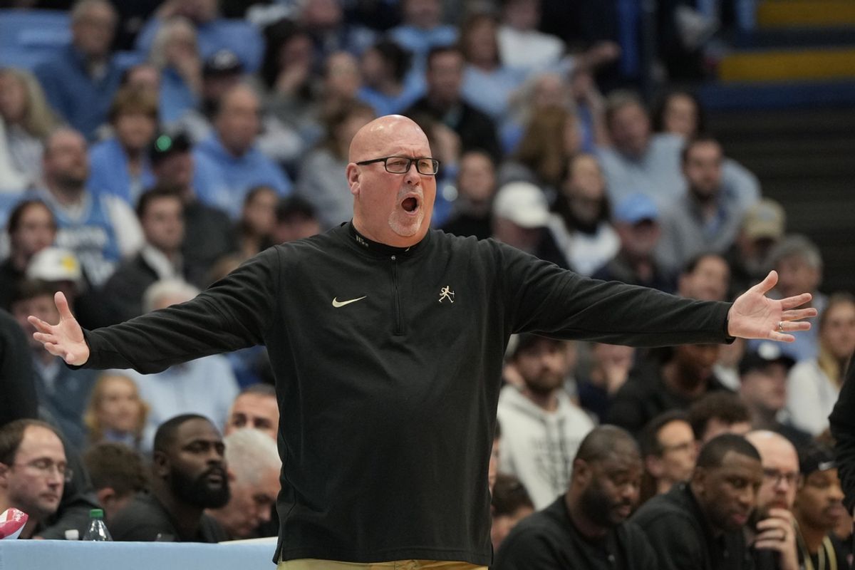 Jan 22, 2024; Chapel Hill, North Carolina, USA;  Wake Forest Demon Deacons head coach Steve Forbes reacts in the first half at Dean E. Smith Center. Mandatory Credit: Bob Donnan-Imagn Images
