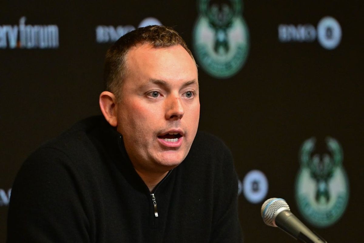 Jan 24, 2024; Milwaukee, Wisconsin, USA; Milwaukee Bucks general manager Jon Horst address the media after head coach Adrian Griffin (not pictured) was dismissed at Fiserv Forum. Mandatory Credit: Benny Sieu-Imagn Images