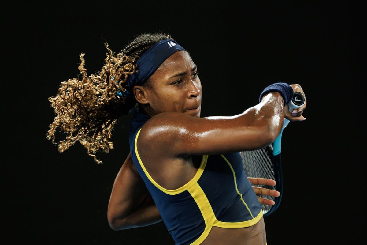 Jan 25, 2024; Melbourne, Victoria, Australia; Coco Gauff of the United States in action against Aryna Sabalenka of Belarus in the semi-final of the women s singles at the Australian Open. Mandatory Credit: Mike Frey-Imagn Images