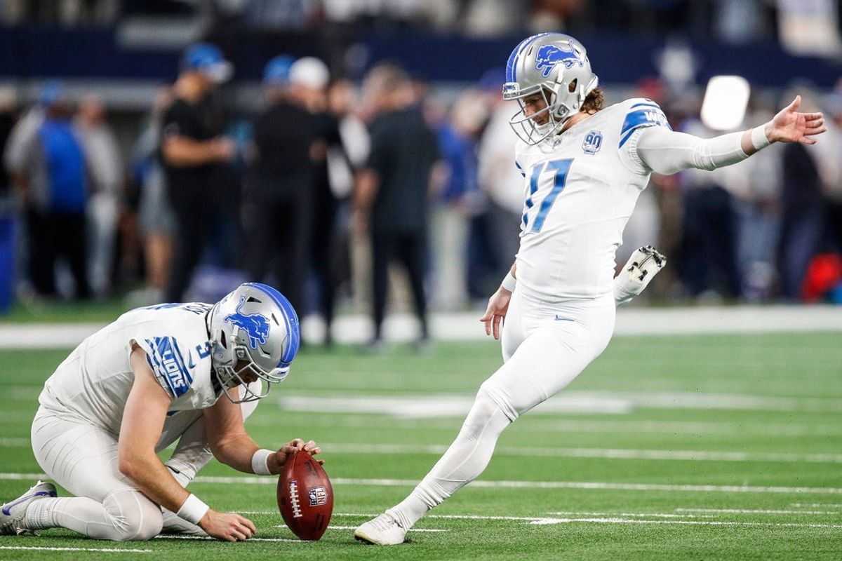 Detroit Lions kicker Michael Badgley warms up before the Dallas Cowboys game at AT&T Stadium in Arlington, Texas on Saturday, Dec. 30, 2023.
