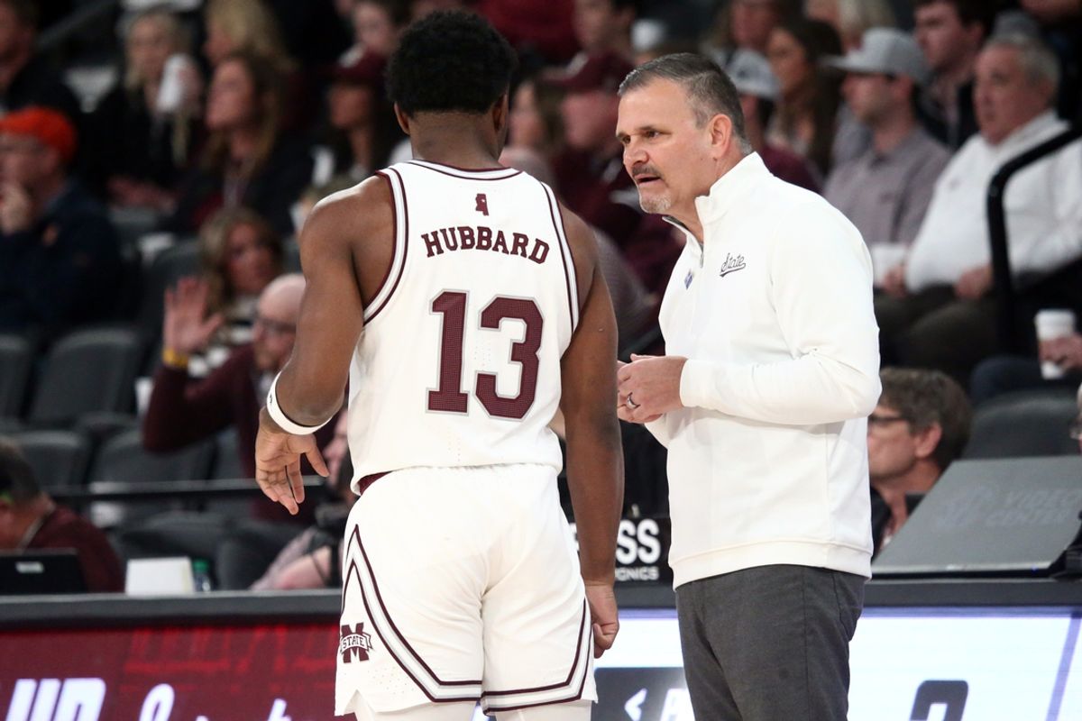 Jan 27, 2024; Starkville, Mississippi, USA; Mississippi State Bulldogs head coach Chris Jans (right) talks with Bulldogs guard Josh Hubbard (13) during the first half against the Auburn Tigers at Humphrey Coliseum. Mandatory Credit: Petre Thomas-Imagn Images