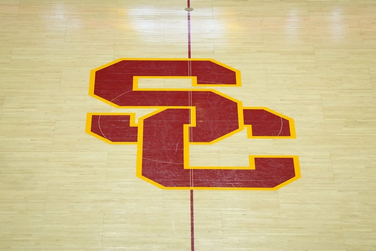 Jan 27, 2024; Los Angeles, California, USA; The Southern California Trojans logo at center court at the Galen Center. Mandatory Credit: Kirby Lee-Imagn Images