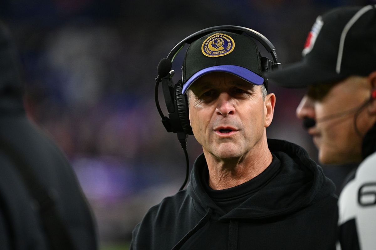 Jan 28, 2024; Baltimore, Maryland, USA; Baltimore Ravens head coach John Harbaugh questions a call against the Kansas City Chiefs during the second half in the AFC Championship football game at M&T Bank Stadium. Mandatory Credit: Tommy Gilligan-USA TODAY Sports