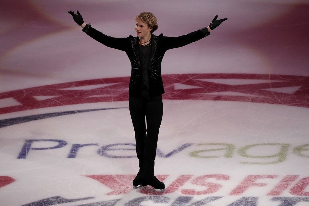 Jan 28, 2024; Columbus, Ohio, USA; Ilia Malinin performs in the Prevagen skating spectacular during the 2024 US Figure Skating Championships at Nationwide Arena. Mandatory Credit: Adam Cairns-Imagn Images