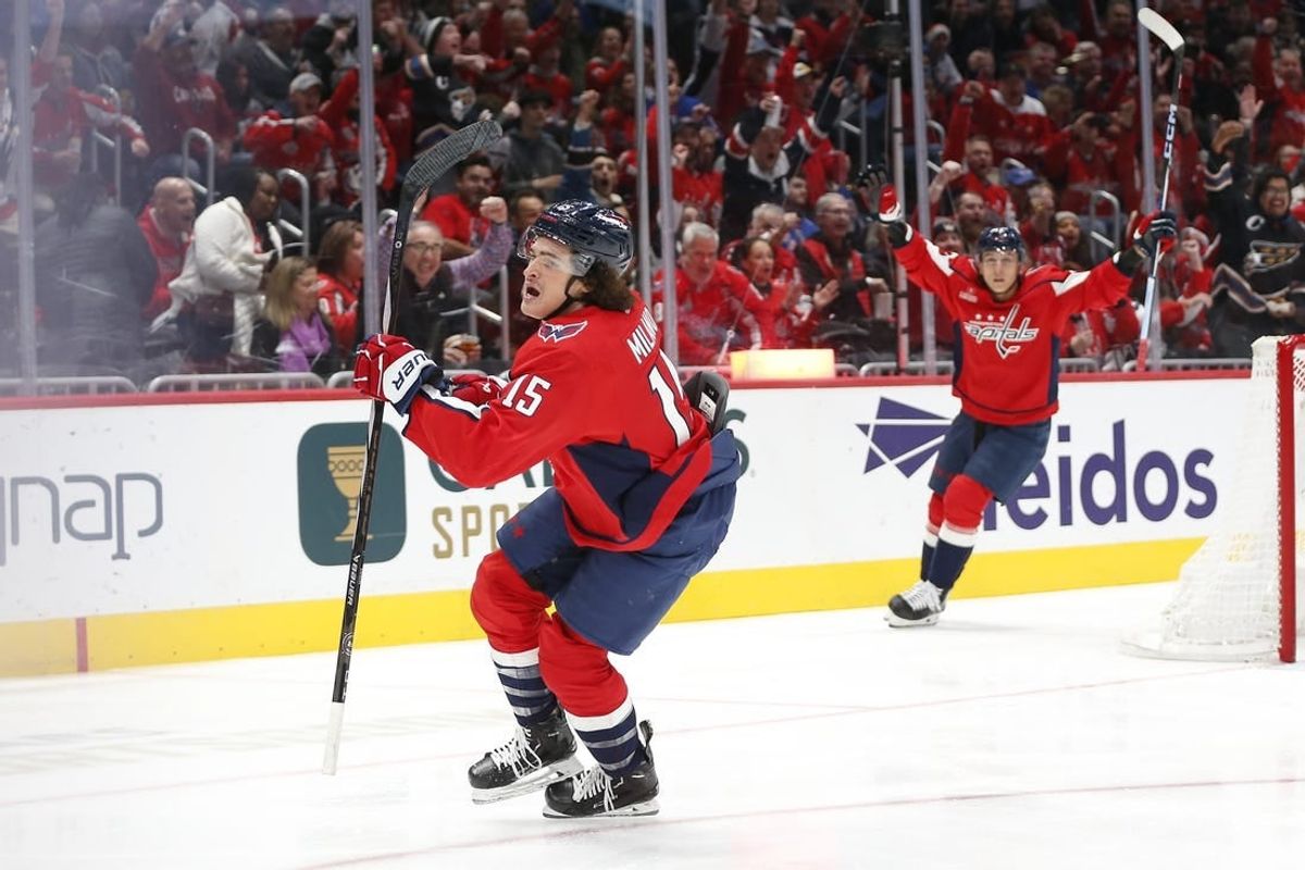 Dec 9, 2023; Washington, District of Columbia, USA; Washington Capitals left wing Sonny Milano (15) celebrates after scoring a goal past New York Rangers goaltender Igor Shesterkin (not pictured) during the first period at Capital One Arena.