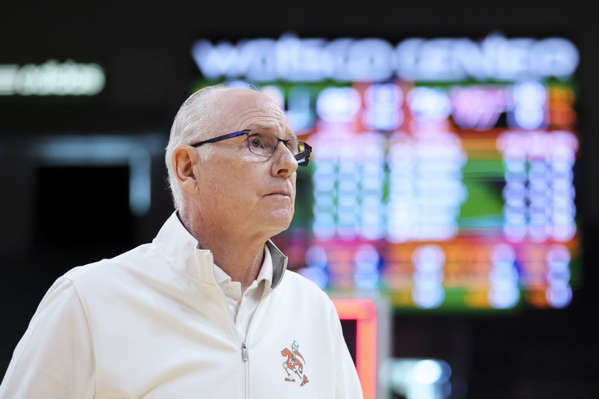 Feb 3, 2024; Coral Gables, Florida, USA; Miami Hurricanes head coach Jim Larranaga looks on after the game against the Virginia Tech Hokies at Watsco Center. Mandatory Credit: Sam Navarro-Imagn Images