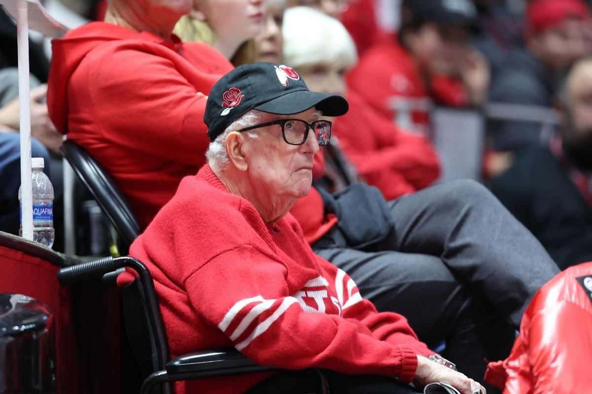 Feb 3, 2024; Salt Lake City, Utah, USA; Former Utah Jazz coach Frank Layden watch the game between the Utah Utes and the Colorado Buffaloes during the second half at Jon M. Huntsman Center. Mandatory Credit: Rob Gray-Imagn Images